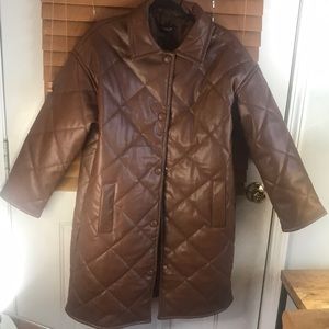 Pretty Little Thing Chocolate Faux Leather Quited Longline Shacket size S NWT